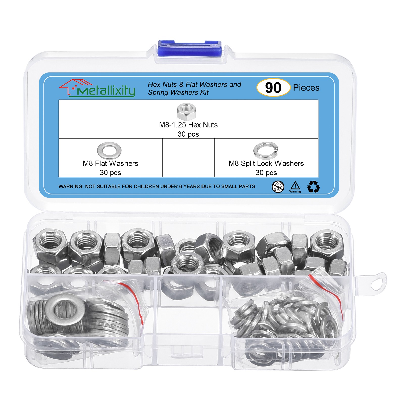 Hex Nuts Assortment Kit (M8-1.25 Hex Nuts with M8 Flat Washers) 90Pcs Kit