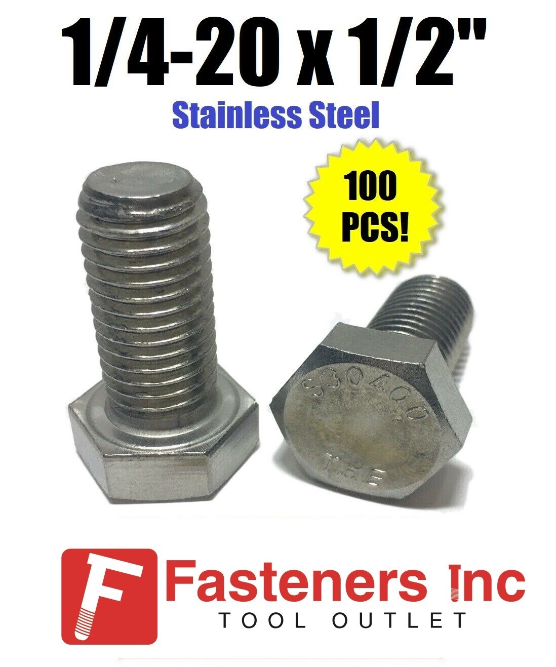 (Qty 100) 1/4-20 x 1/2" Stainless Steel Hex Cap Screw / Tap Bolt 18-8 / 304