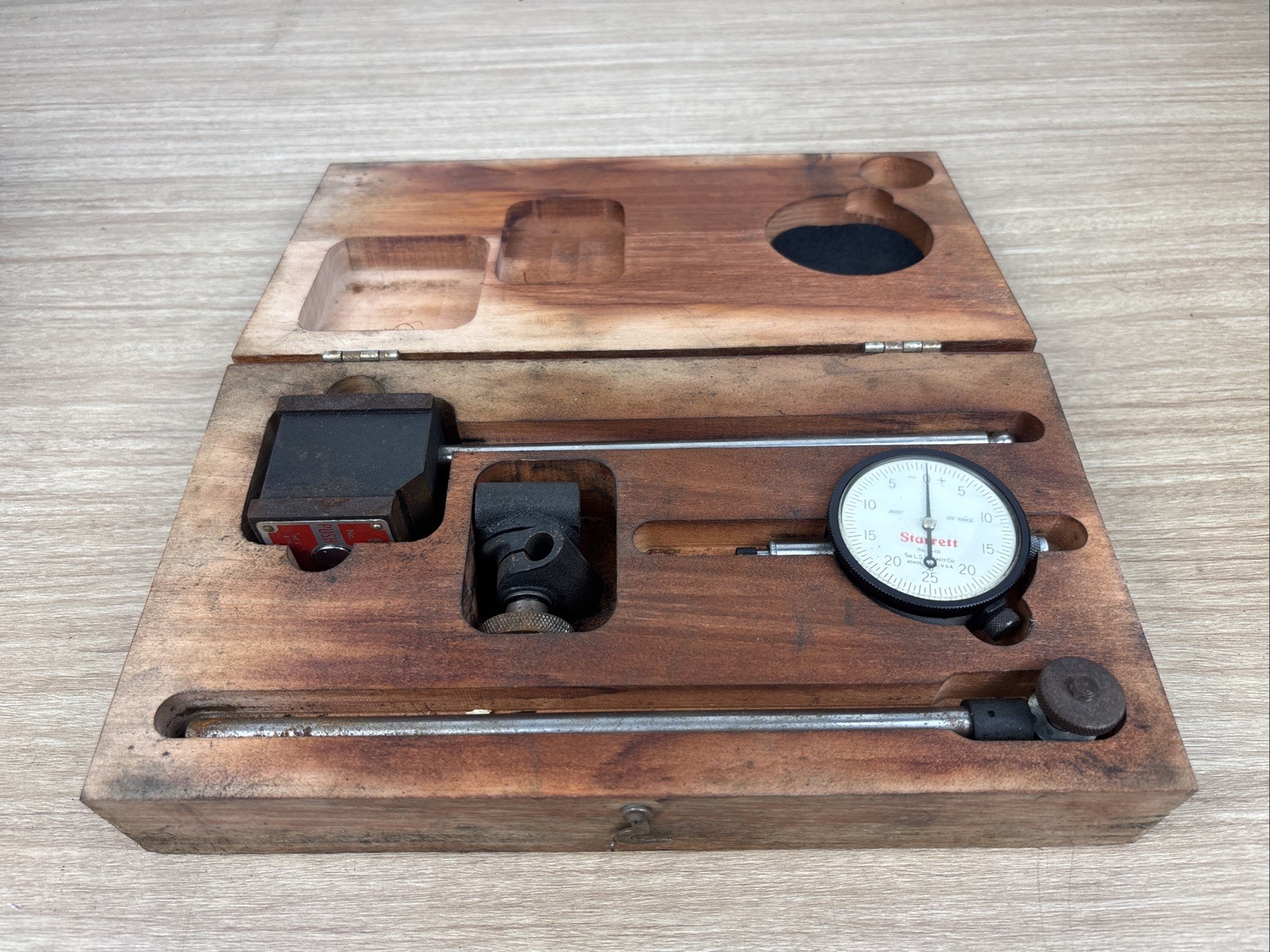 Starrett 657 Magnetic Base and Post Assembly with 25-131 Indicator in Wood Case