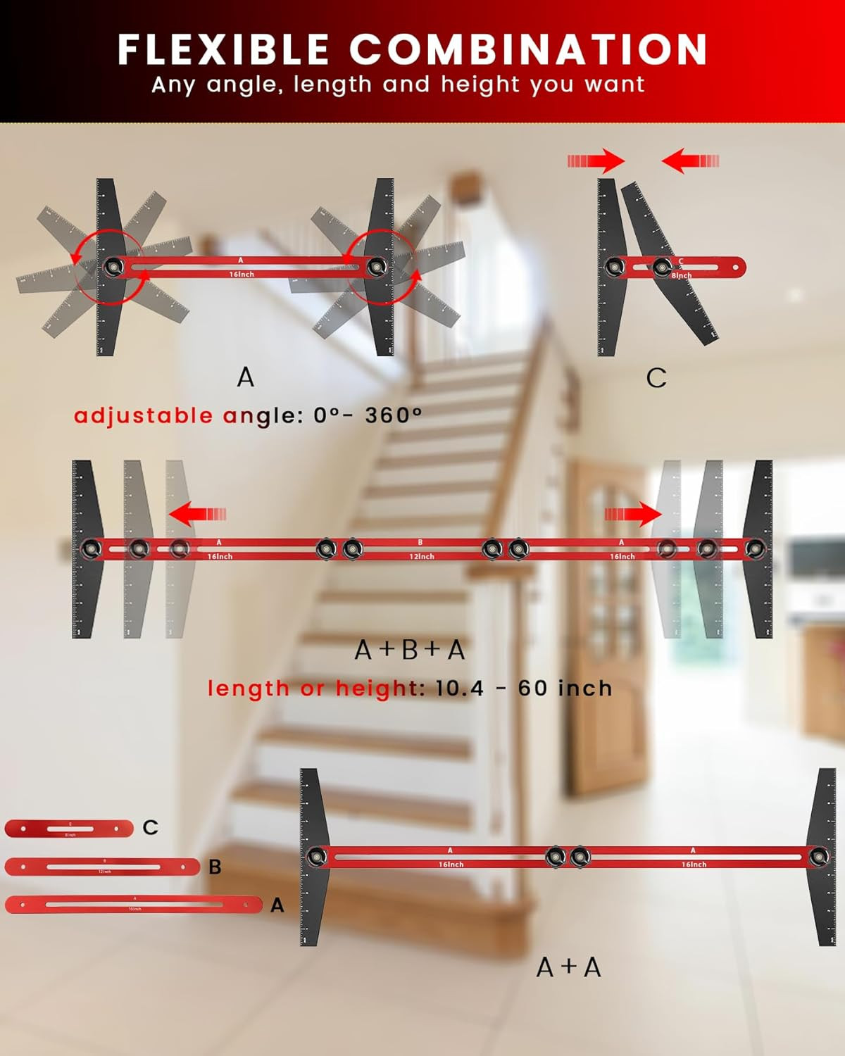 TANYO Stair Tread Template Tool, 8" to 60" Aluminum Stair Tread Jig for Accurate