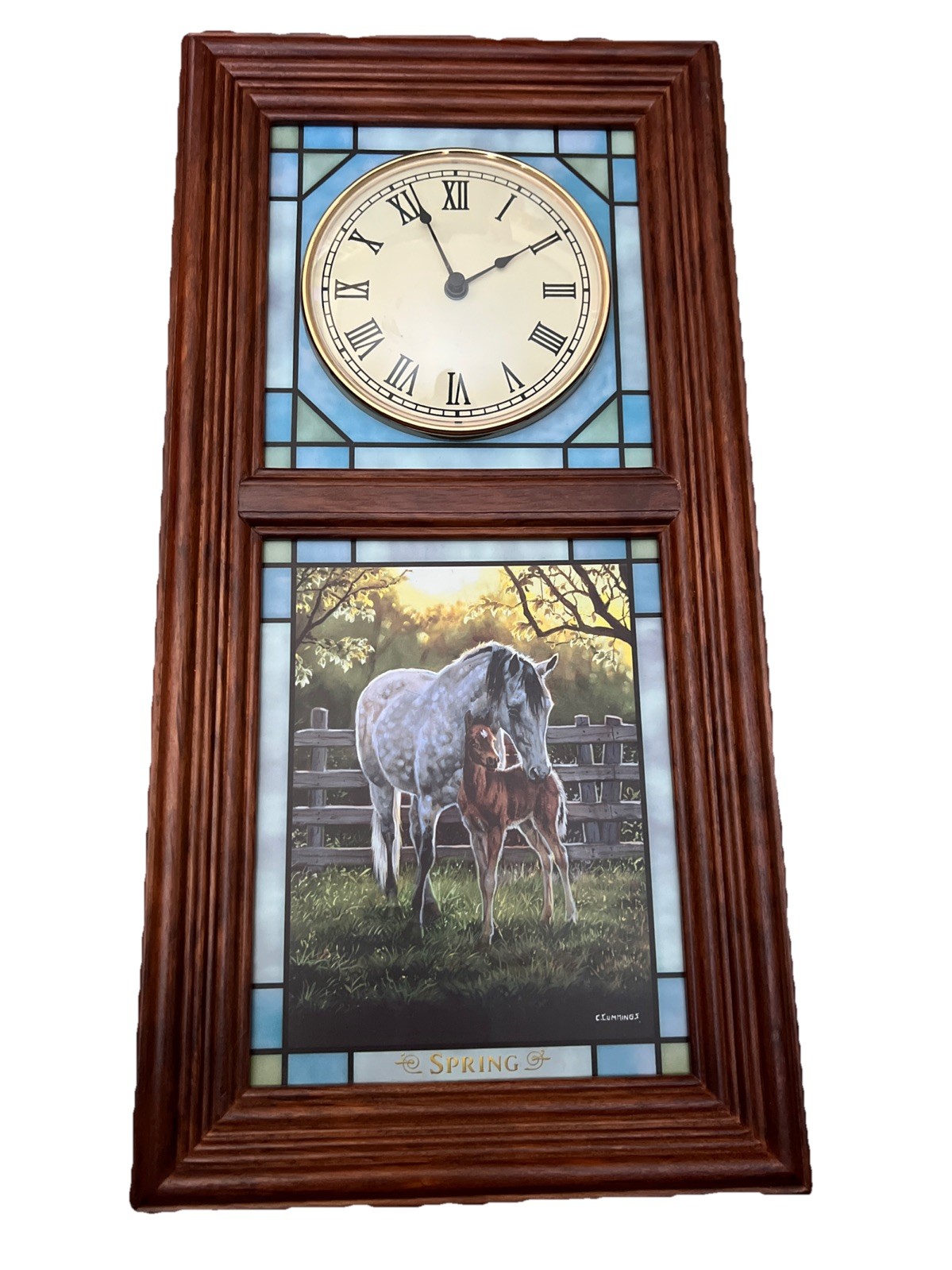 Vtg Danbury Mint Spring Majestic Horses Stained Glass Wall Clock Spring