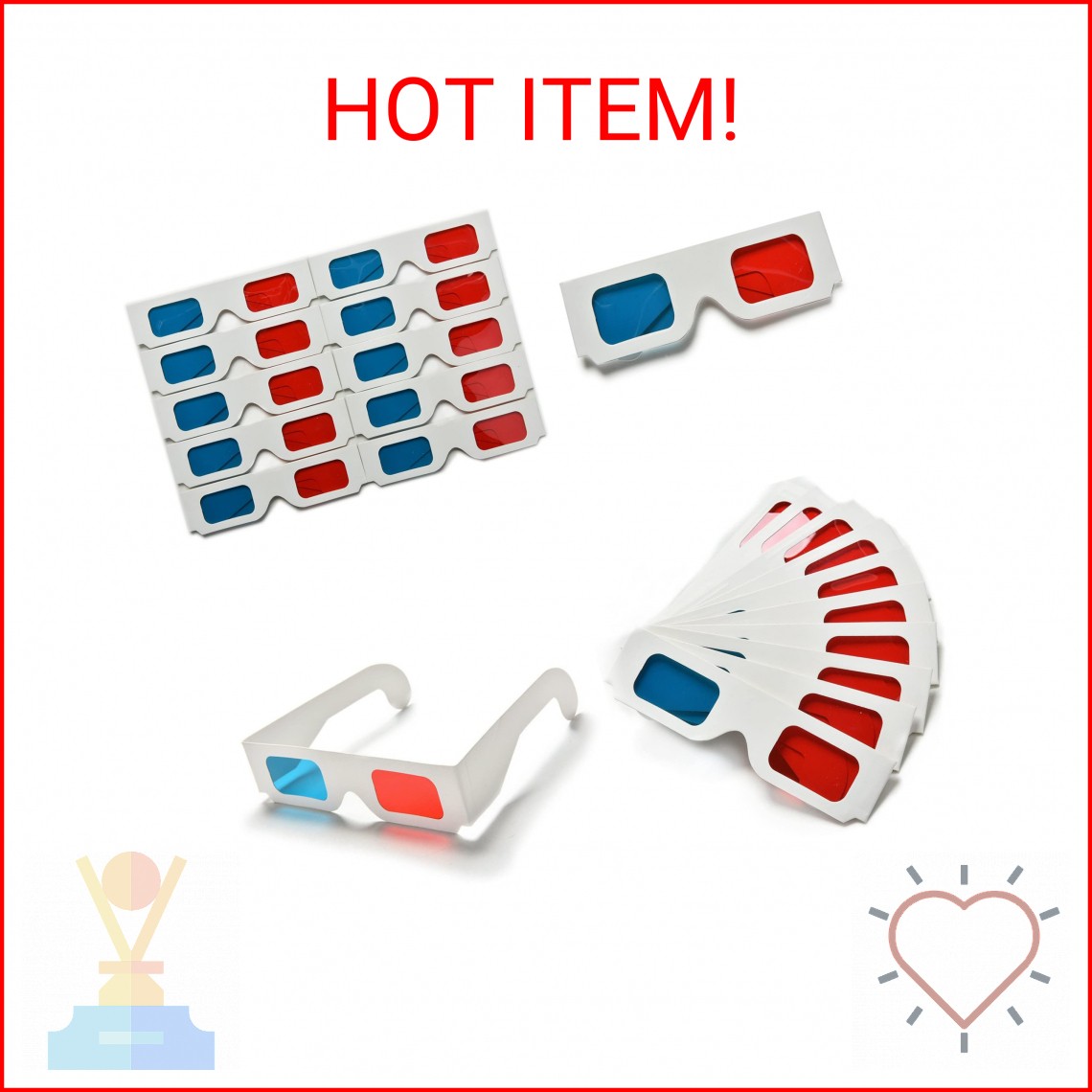 eLUUGIE 100 Pairs 3D Cardboard Glasses Universal Anaglyph 3D Glasses Cardboard P
