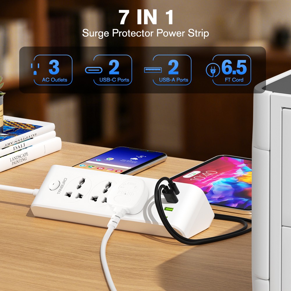 Wall Plug Power Strip with 3 Outlets Surge Protector Extension Cord Clock+Light