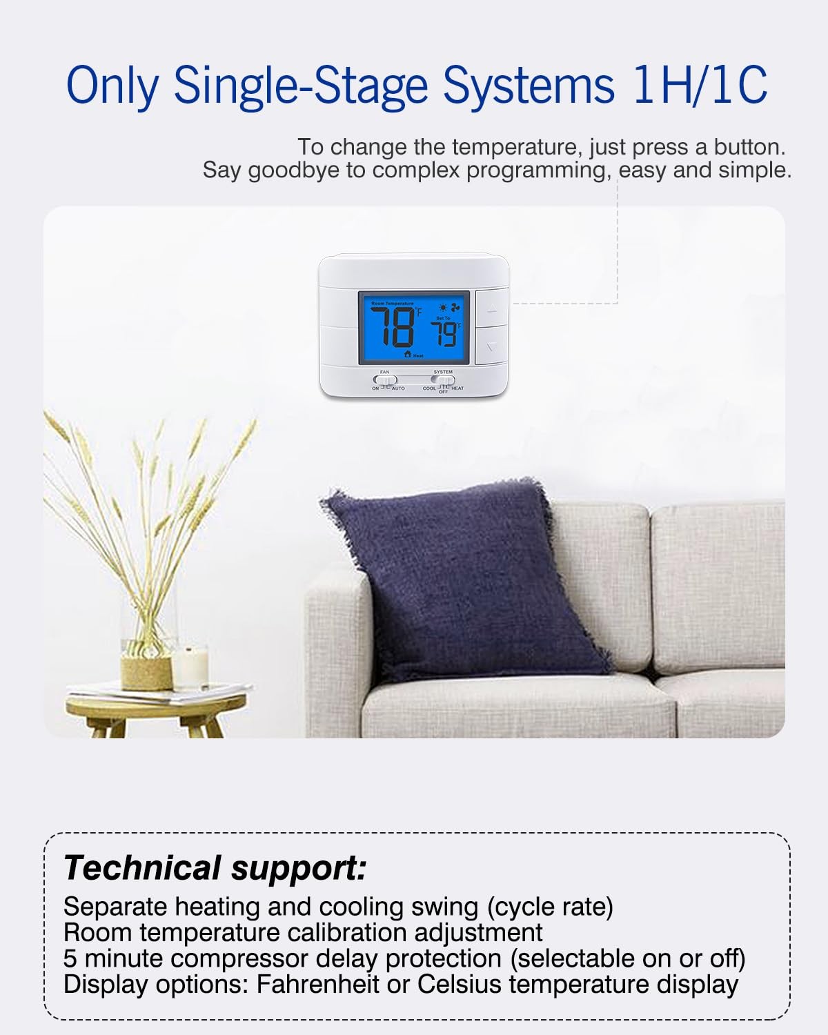 Non Programmable Thermostat for Home 1 Heat/ 1 Cool Single-Stage System, Temp...