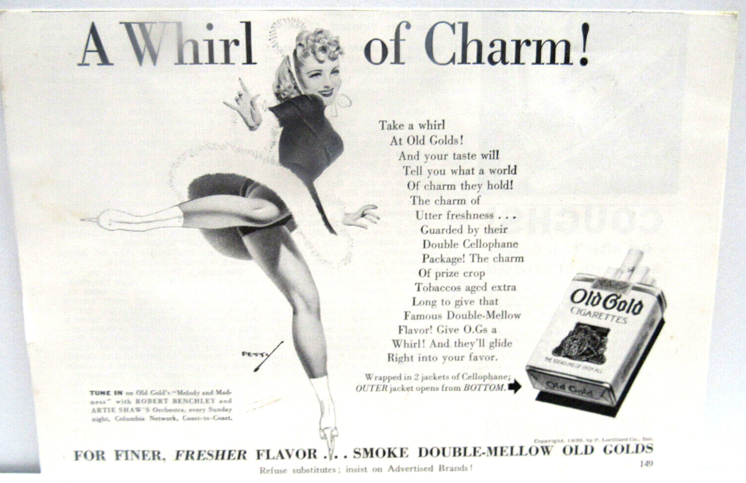 Vintage 1939 Pinup Skater Pretty Girl  Old Gold Cigarette Ad "A Whirl of Charm!"