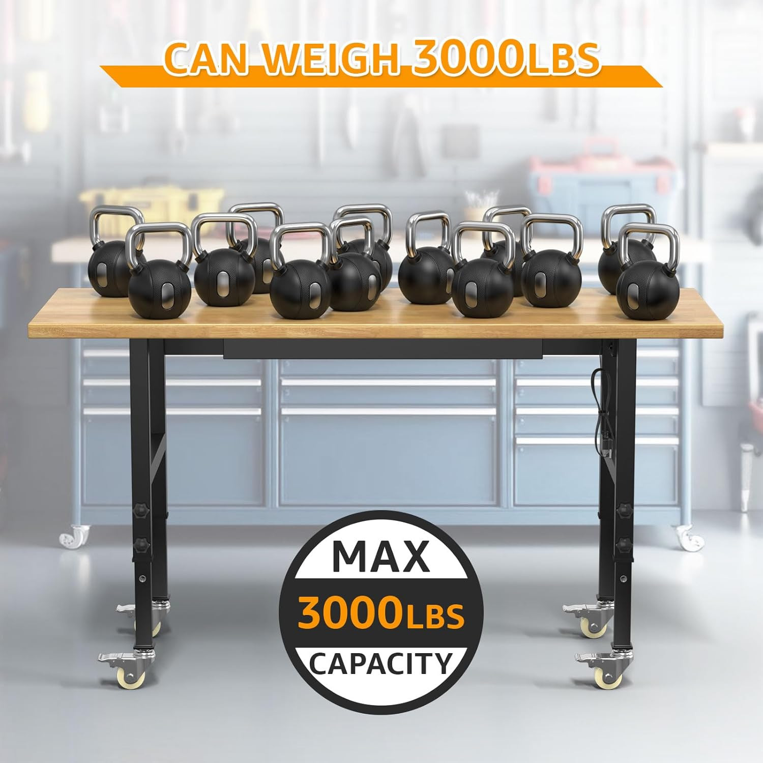 60" Adjustable Workbench,Heavy-Duty Work Table,3000 LBS Load Capacity Hardwood W