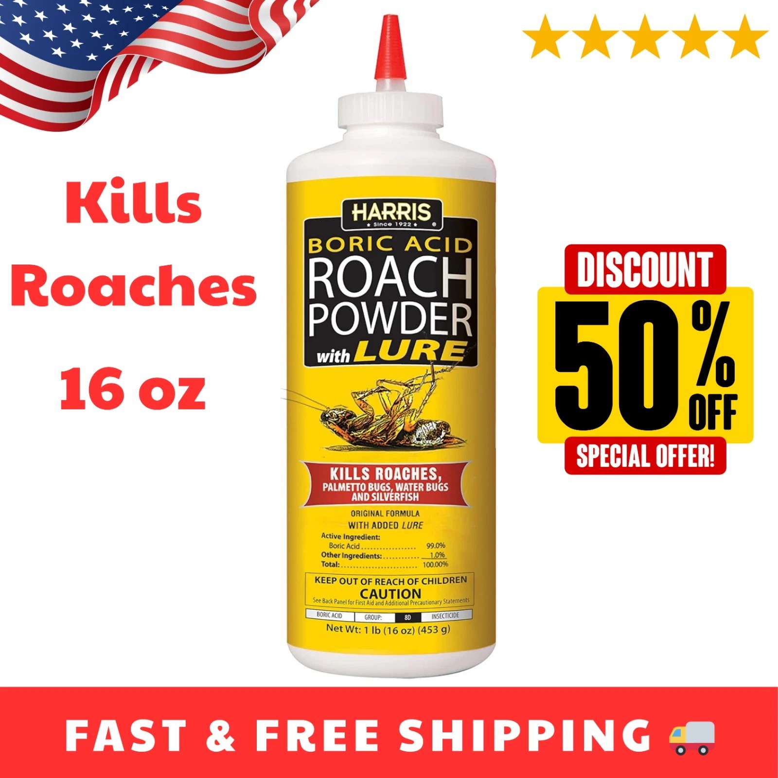Boric Acid Roach and Silverfish Killer Powder w/Lure for Insects (16oz)