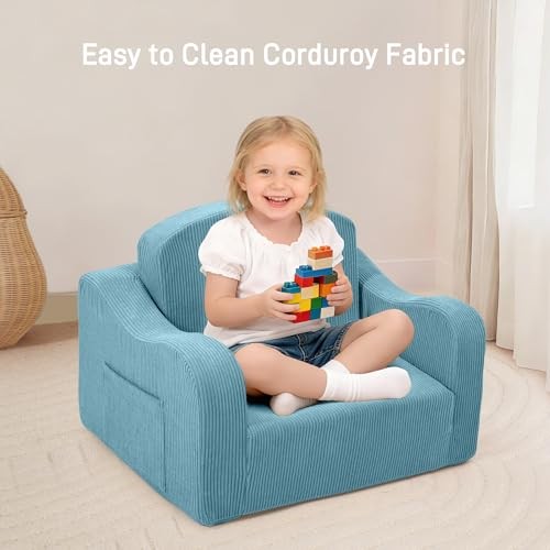 Thick Comfy Toddler Chair and Couch for Kids,2-in-1 Kids Couch Corduroy Blue