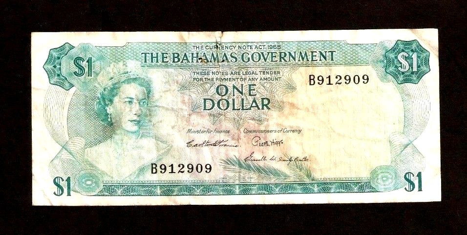 BAHAMAS GOVERNMENT 1 DOLLAR P-18 1965 QUEEN SHIP MONEY CARIBBEAN BILL BANK NOTE
