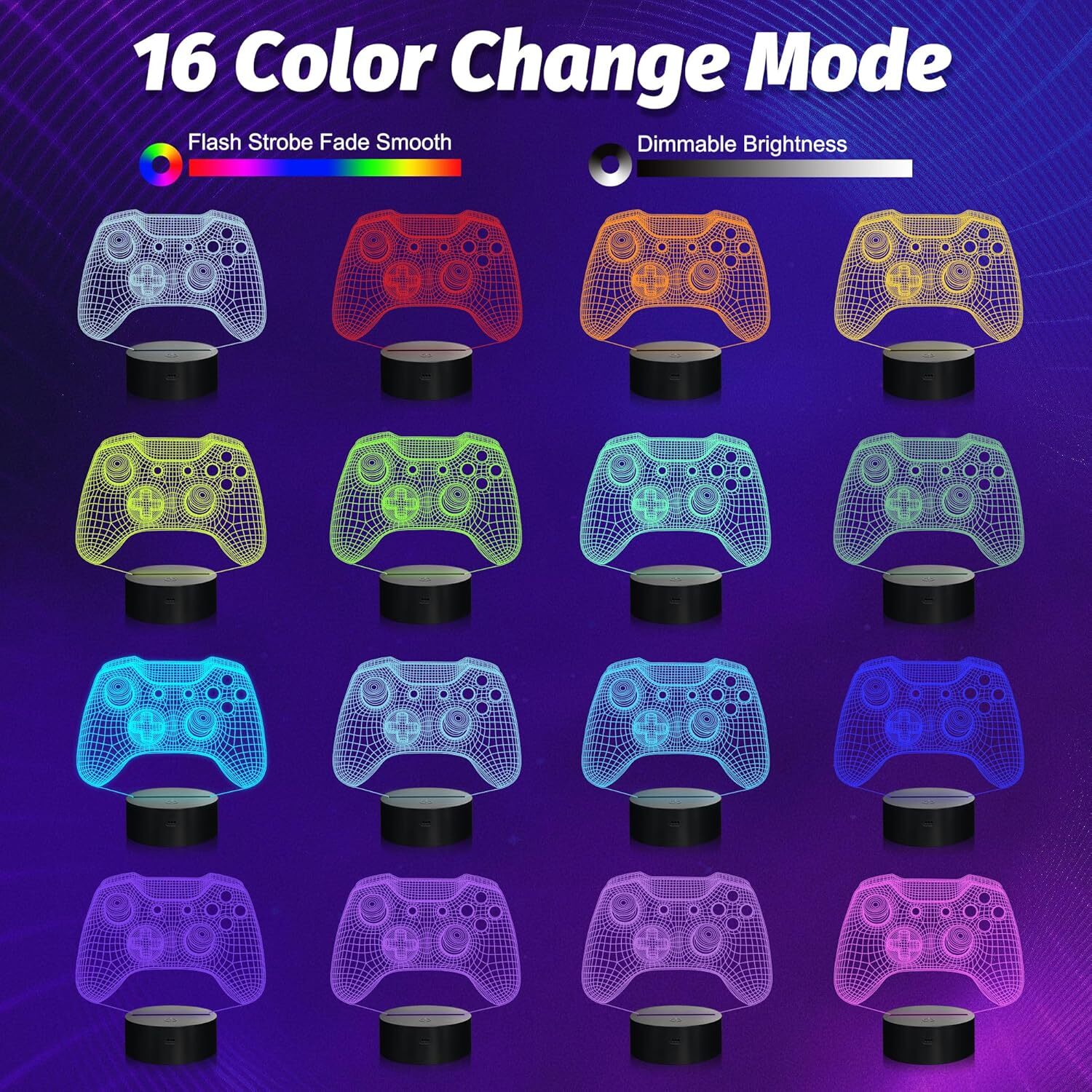 Gamepad Night Light, 3D Game Room Light with Remote + 16 Color Changing