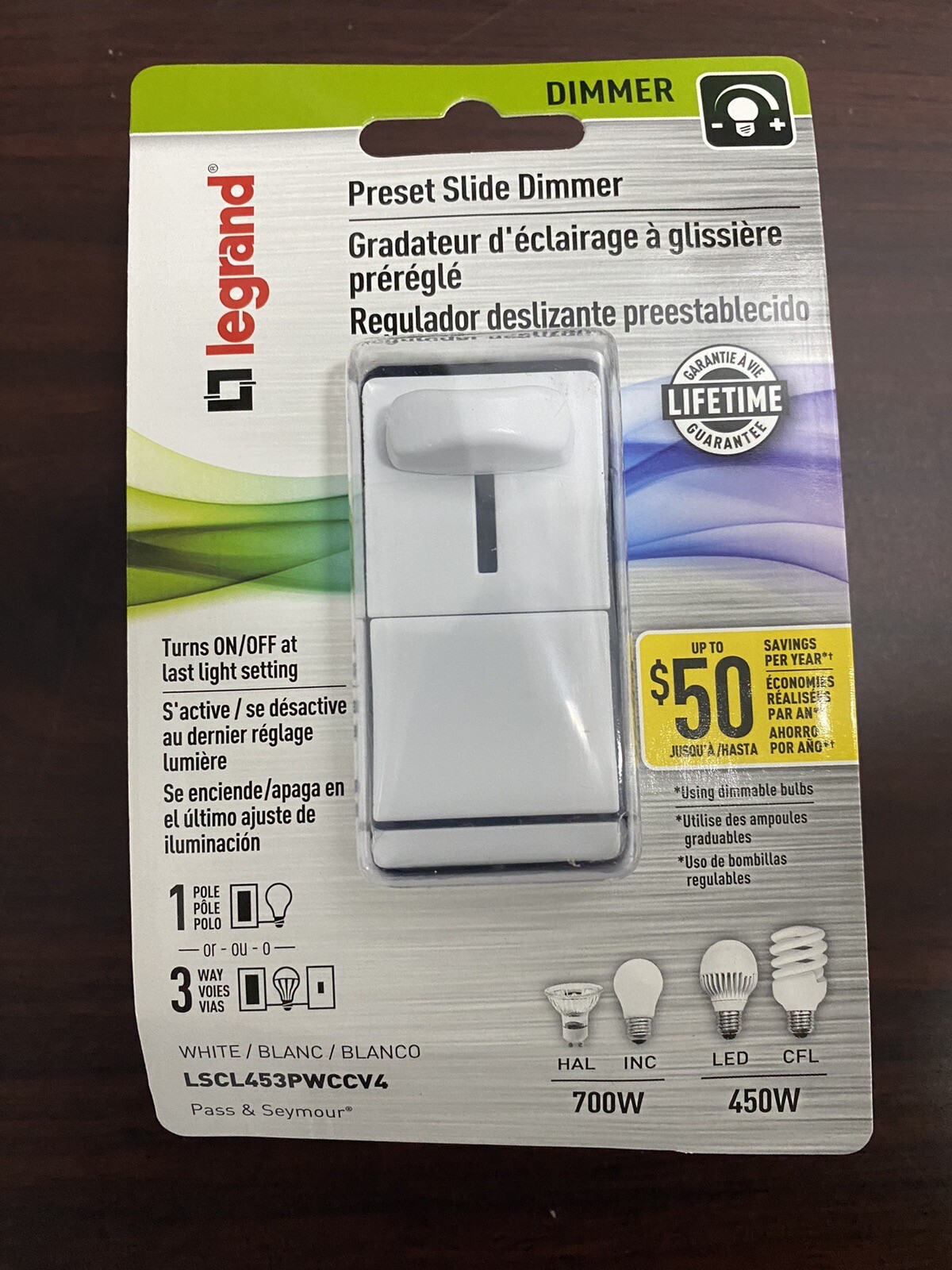 LSCL453PWCCV4 LEGRAND SLIDE DIMMER PASS & SEYMOUR DECORATOR LIGHT