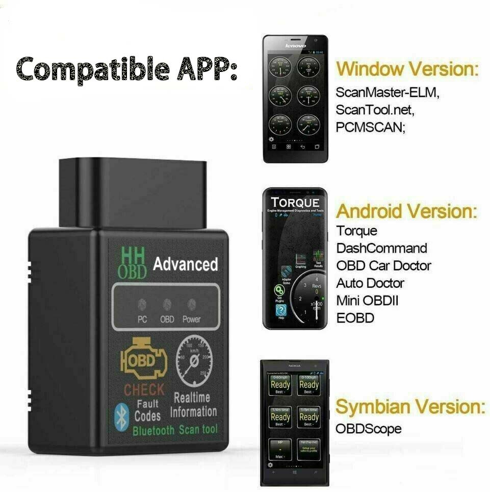 100% Bluetooth OBD2 Scanner Adapter, Wireless Detection Code Reader OBD II