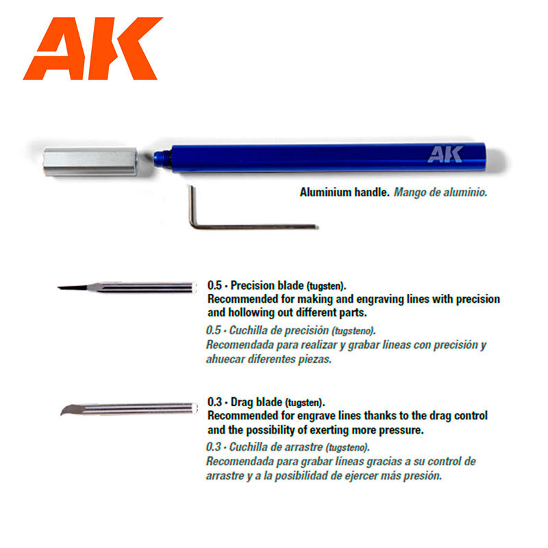 AK Tugsten Steel Engraving Scriber (aluminium handle, 0.5mm & 0.3mm blades)