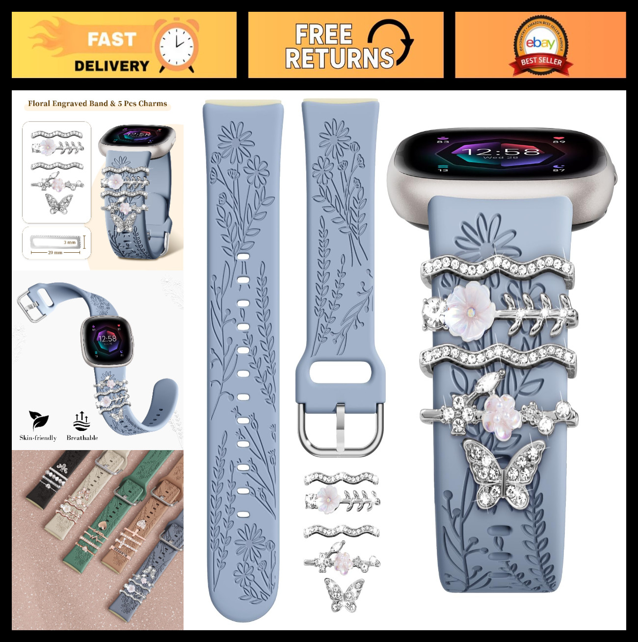 Floral Engraved Silicone Bands for Fitbit Versa 4/3 & Sense 2 - Sporty Replaceme