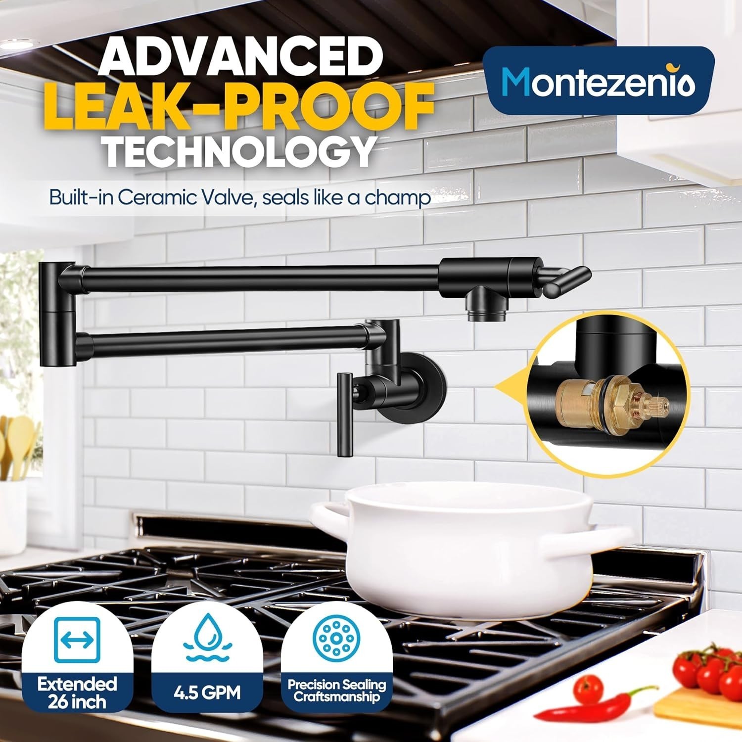 26 Inch Wall Mount Pot Filler Faucet Matte Black Solid Brass Extended Design