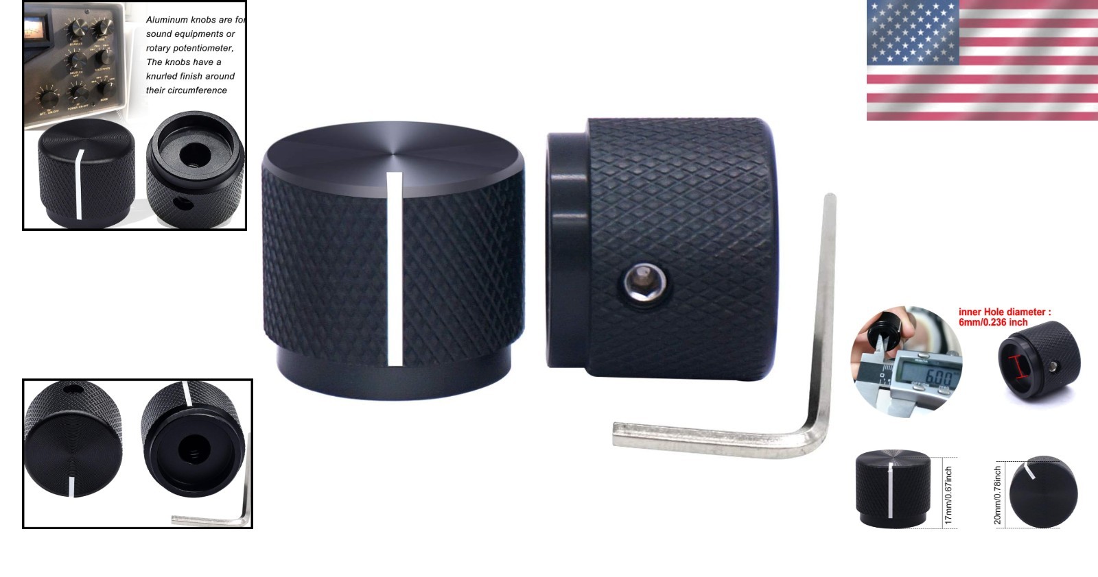 Compact Anodized Aluminum Rotary Knobs, 2pcs Volume & Switch Control - 20mm