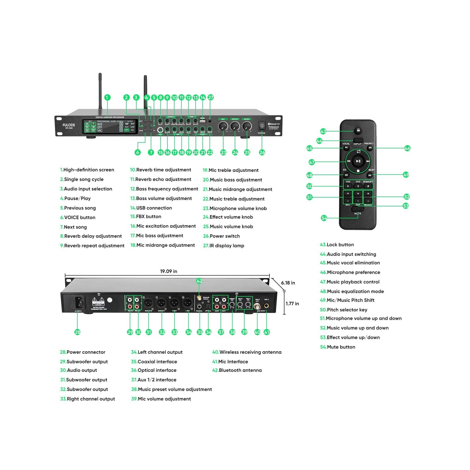 AX-666 Professional Karaoke Processor KTV Mixer with Dual Wireless Microphone...
