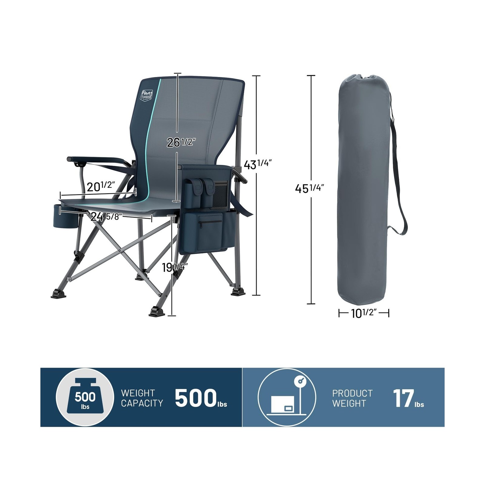 TIMBER RIDGE Oversized Folding Camping Chair with Lumbar Support Adjustable H...