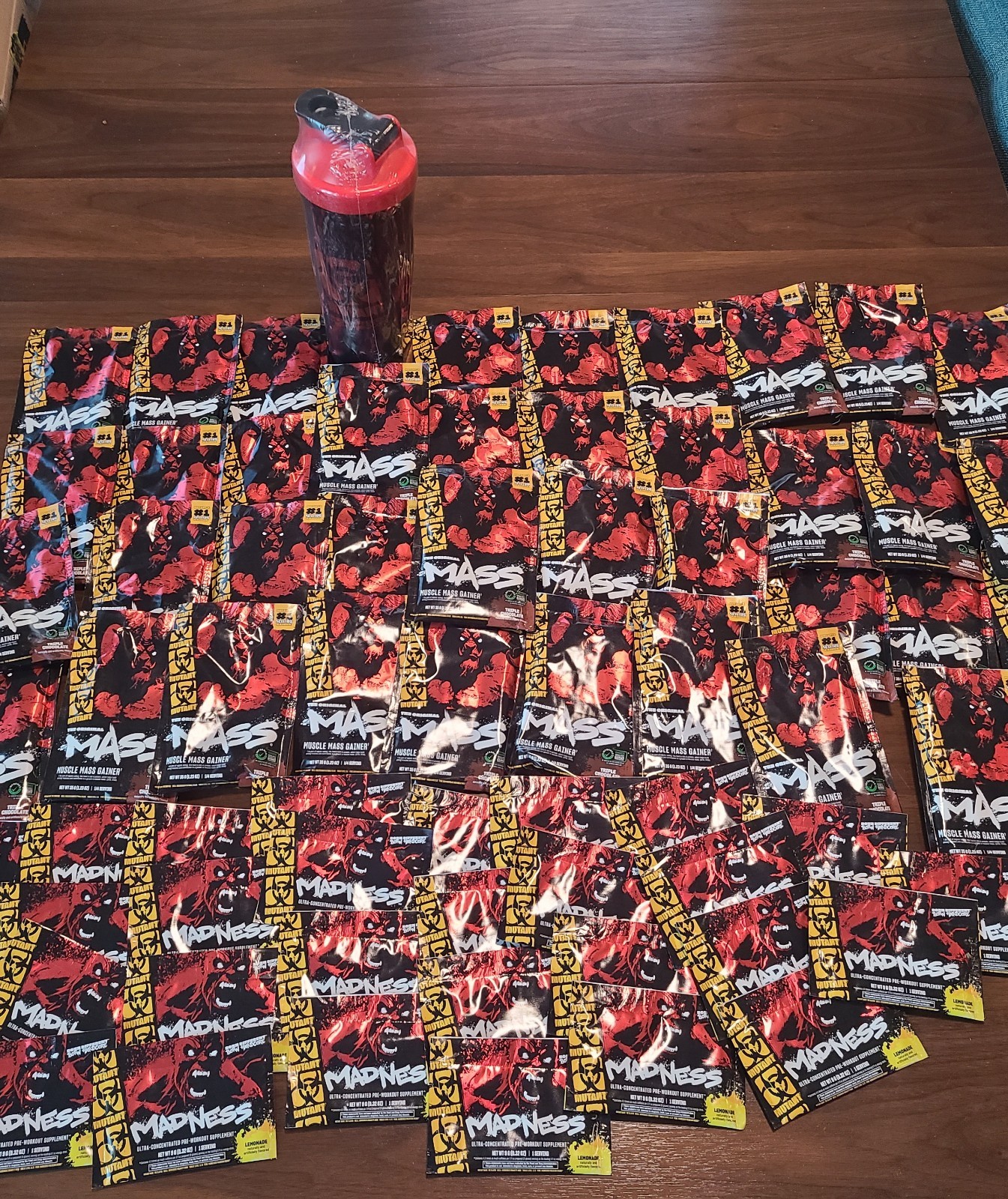 Mutant Mass Extreme Gainer –  Protein + Madness pre workout packs + Shaker