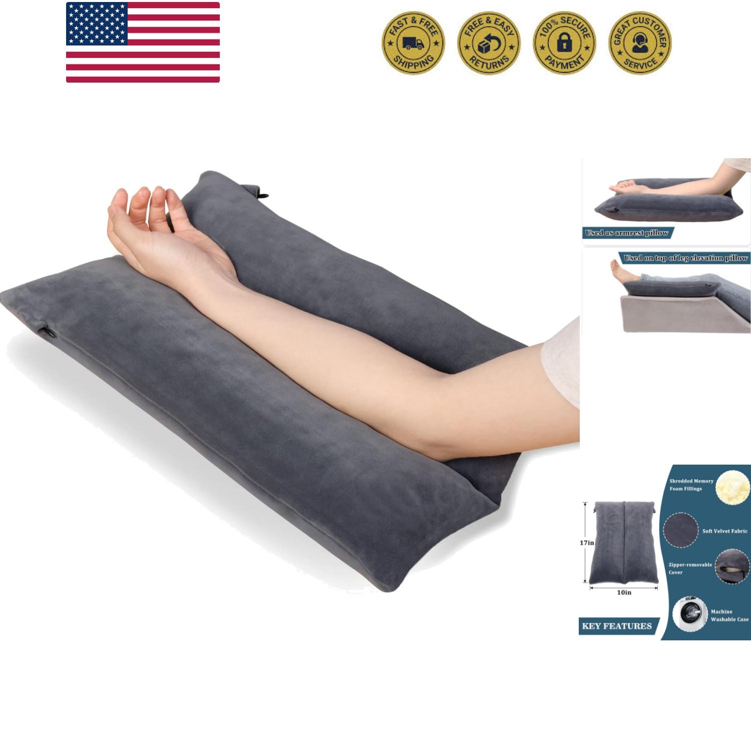 Arm Elevation Pillow Shredded Memory Foam Filled Arm Stabilizer Elevation Pil...