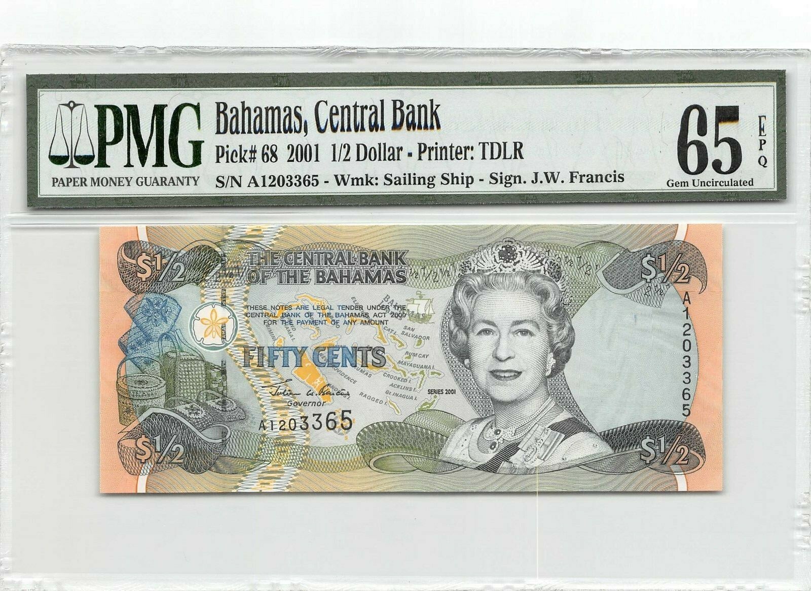 Bahamas  $ 1/2  P 68  Series  2001 A   PMG 65 EPQ