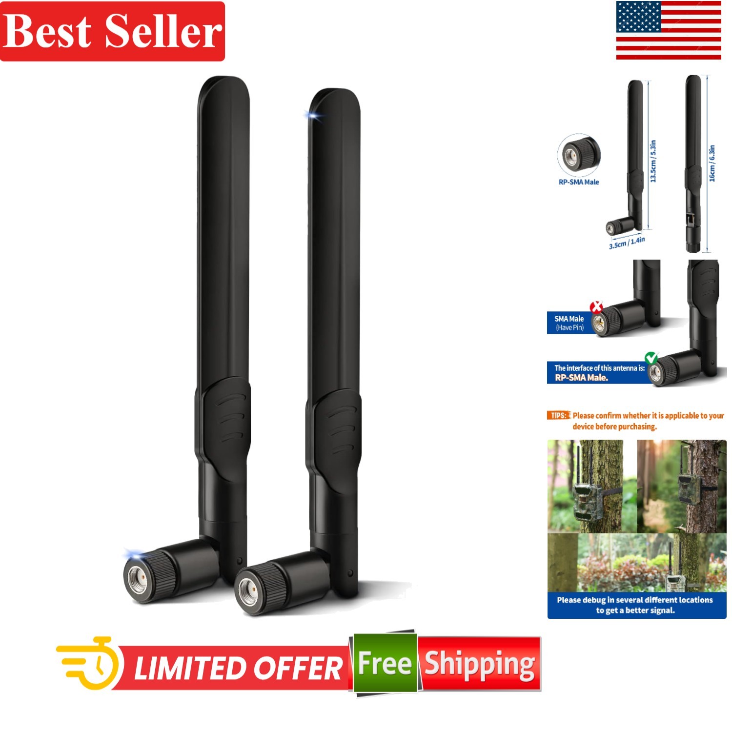 4G LTE Cellular Trail Camera Antenna 8dBi RP-SMA Male 2-Pack for Spypoint Link