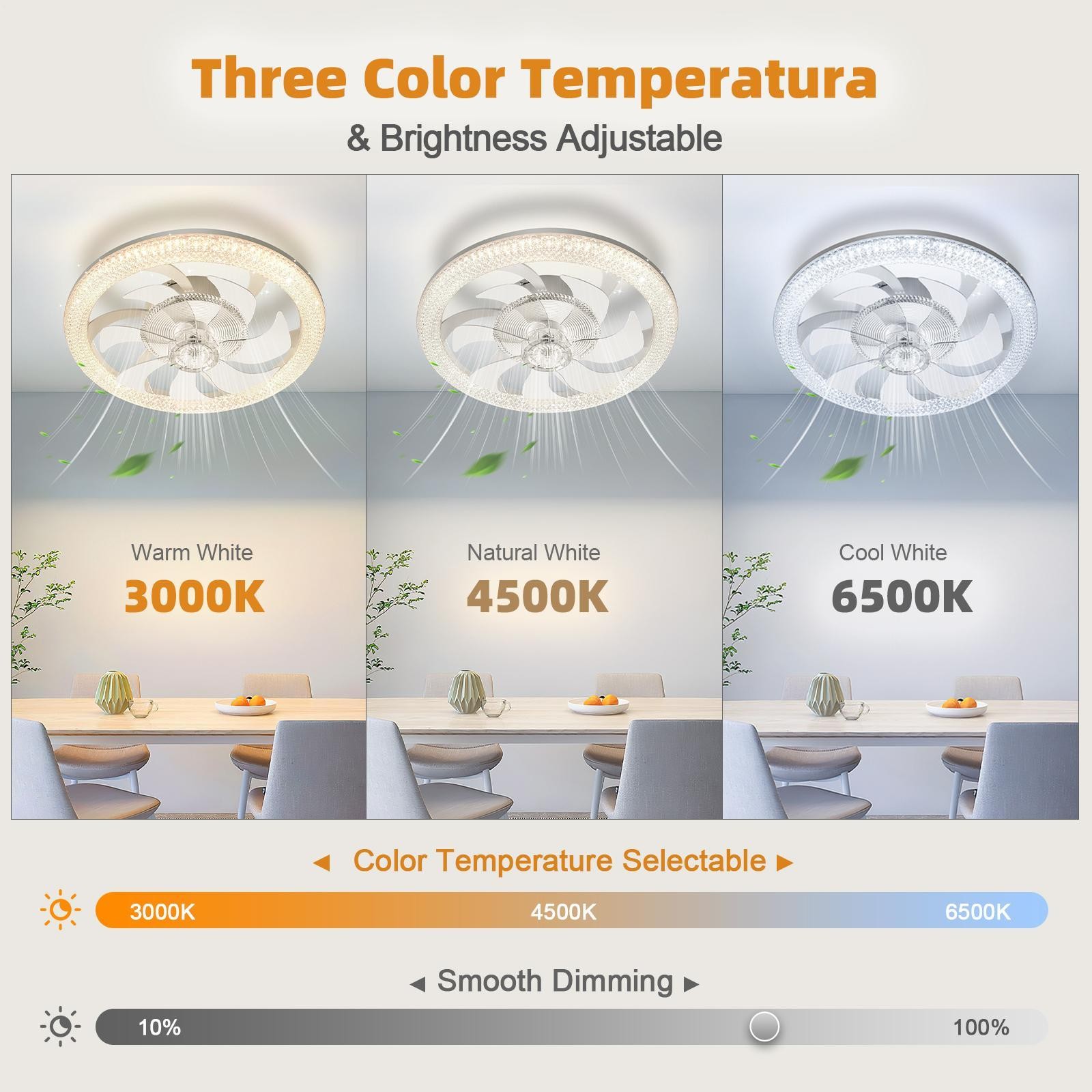 19" Modern Fan Lights Flush Mount LED Ceiling Light kit With Remote APP Control