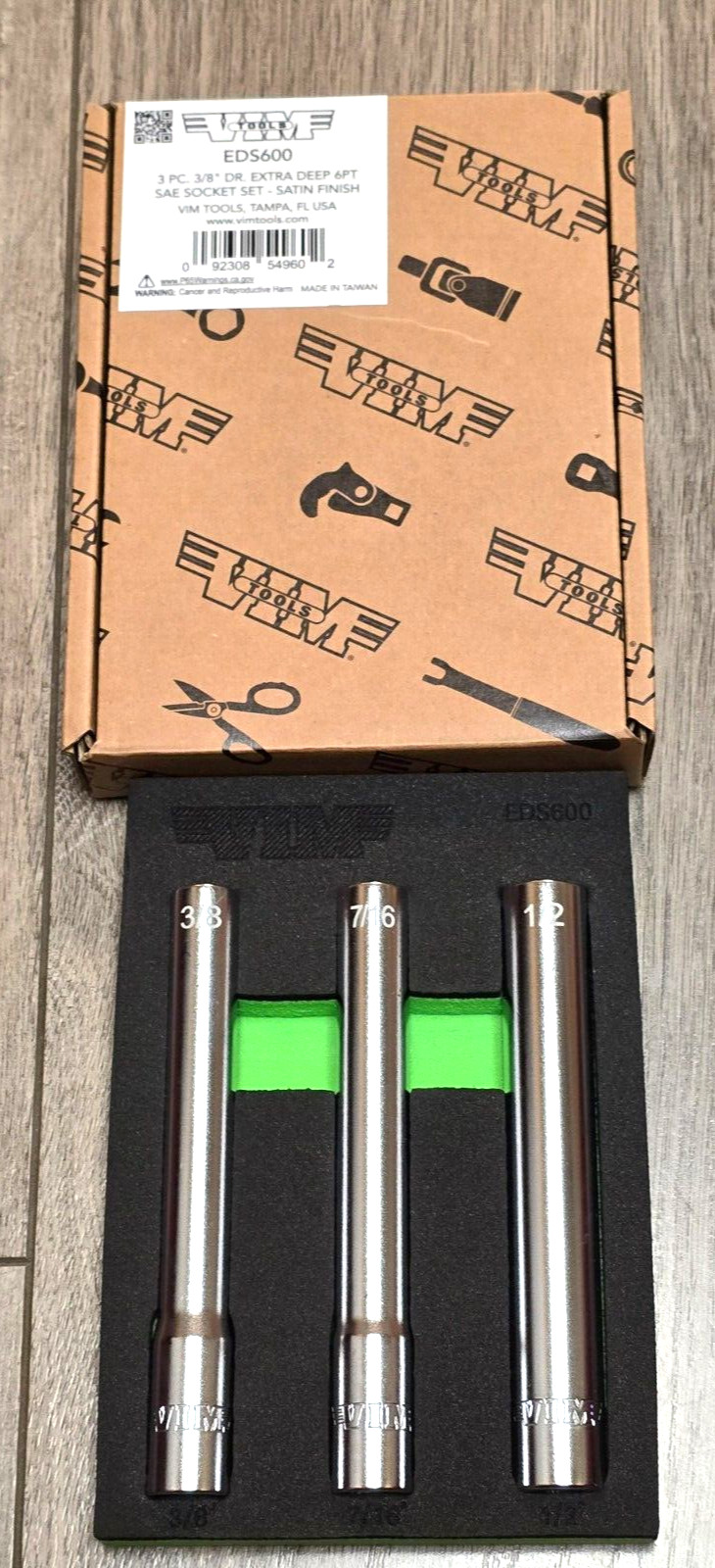 VIM Tools 3pc 3/8" dr  6 pt Extra Deep SAE Socket Set 3/8, 7/16 & 1/2 #EDS600