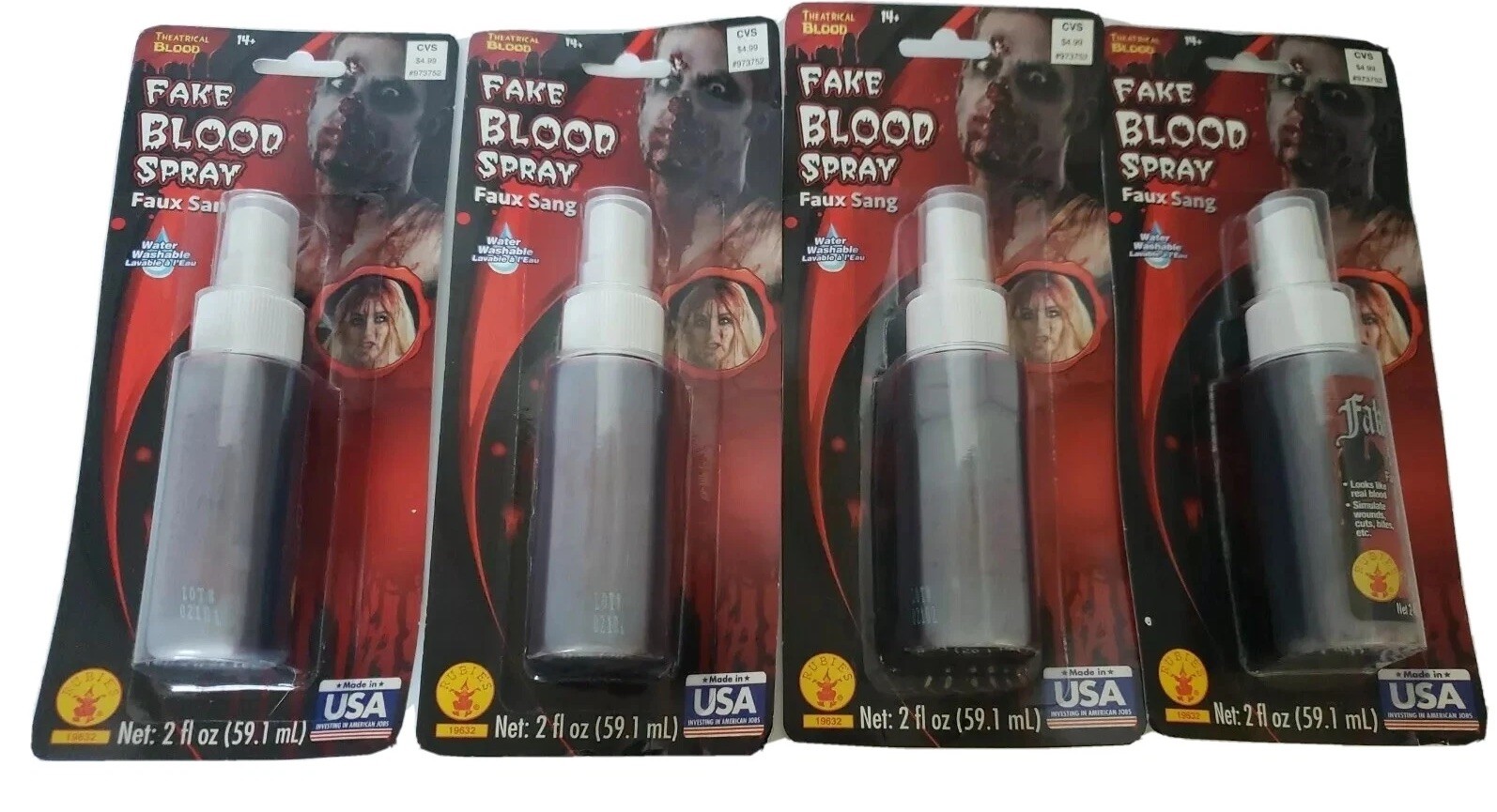 Fake Blood Spray, Costume Makeup, Face/Body Paint Vampire LOT OF 4 2 Oz