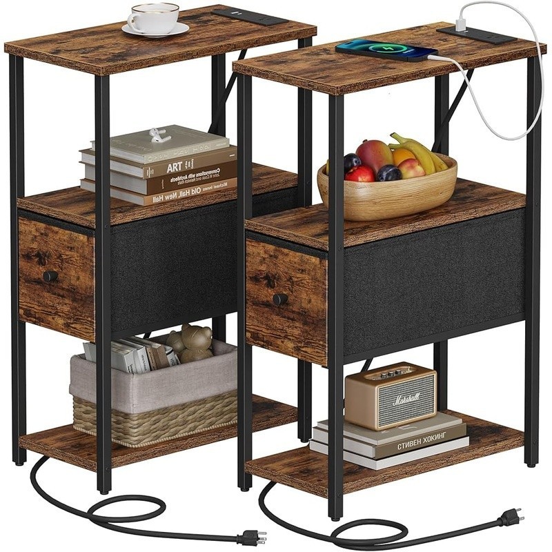End Table Charging Station Nightstand USB Type C Fabric Drawer Storage Shelves