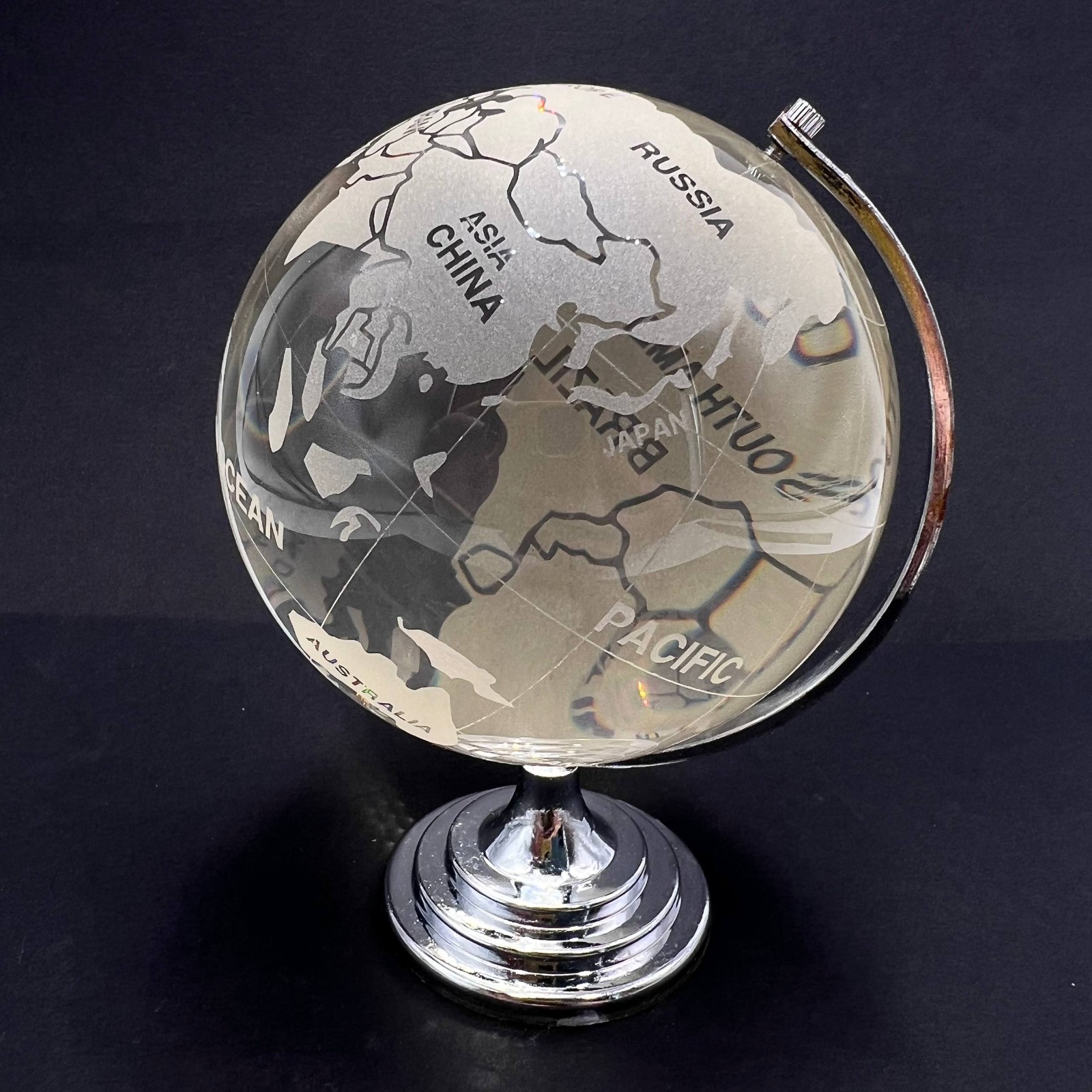 1600g Vintage Crystal Glass Globe Sphere Etched World Map on Chrome Stand