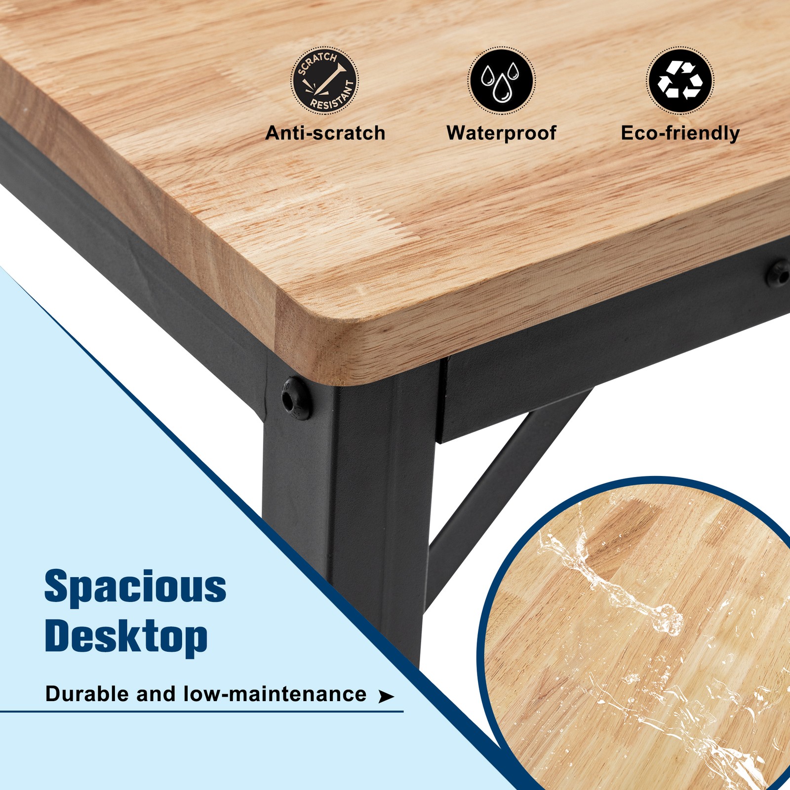 48" Adjustable Workbench Garage Shop Table Rubber Wood 2000 Lbs Capacity