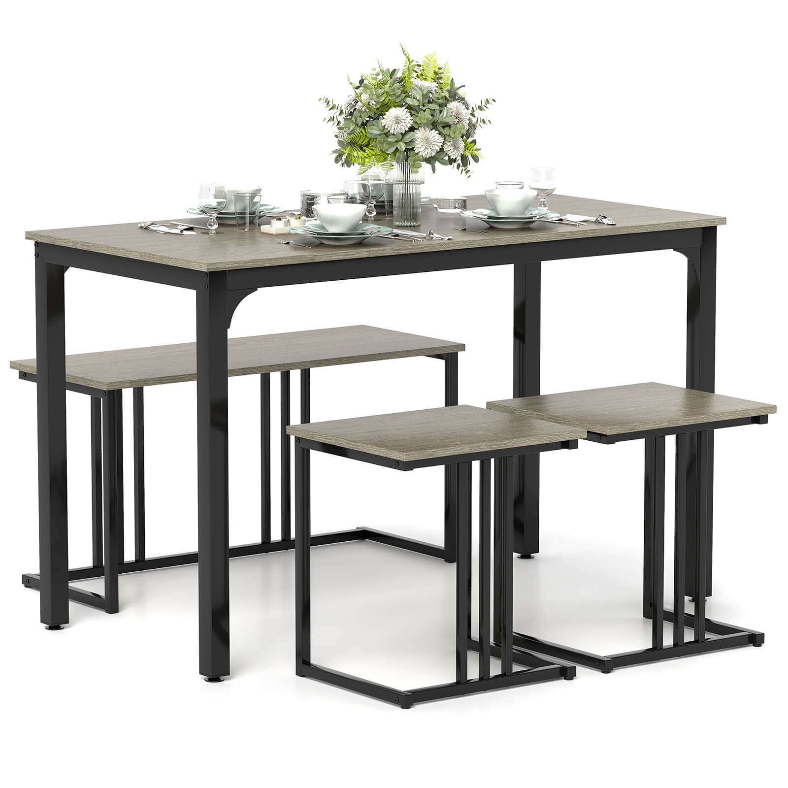 4-Piece Dining Table Set w/ Table & Bench & 2 Stools Office, Kitchen, Living