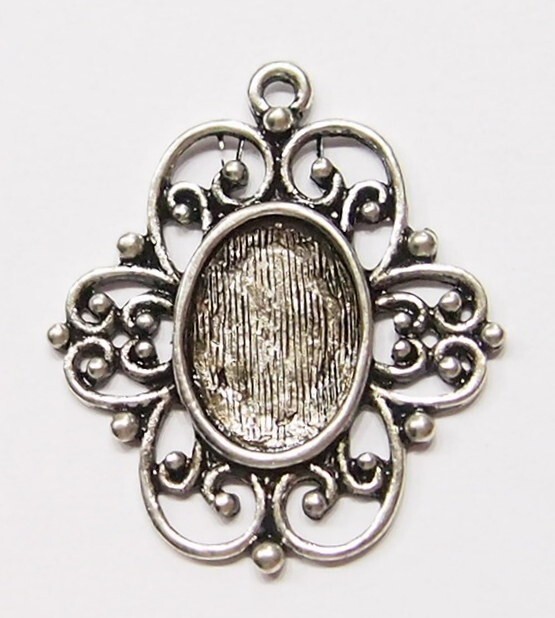 20- 14x10mm Antique Silver Flower Pendant Settings 4 Cameos Cabs Glass 31x28mm