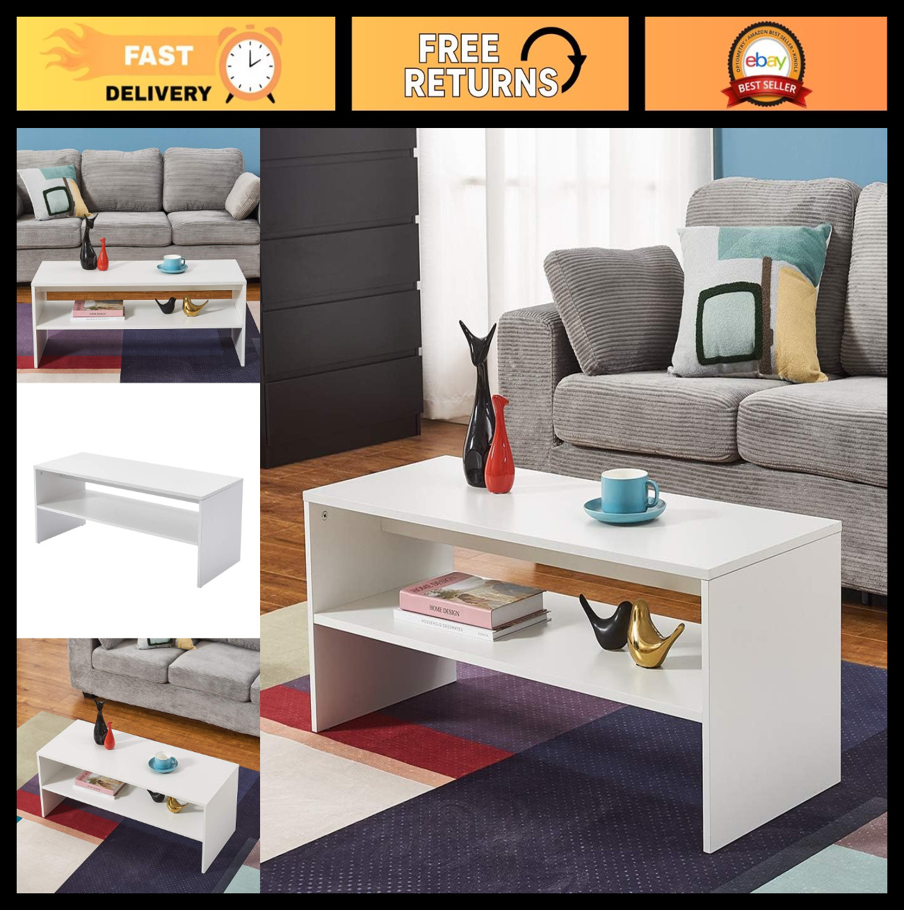 2-Tier White Coffee Table - Modern Sofa Side End Table for Living Room & Office