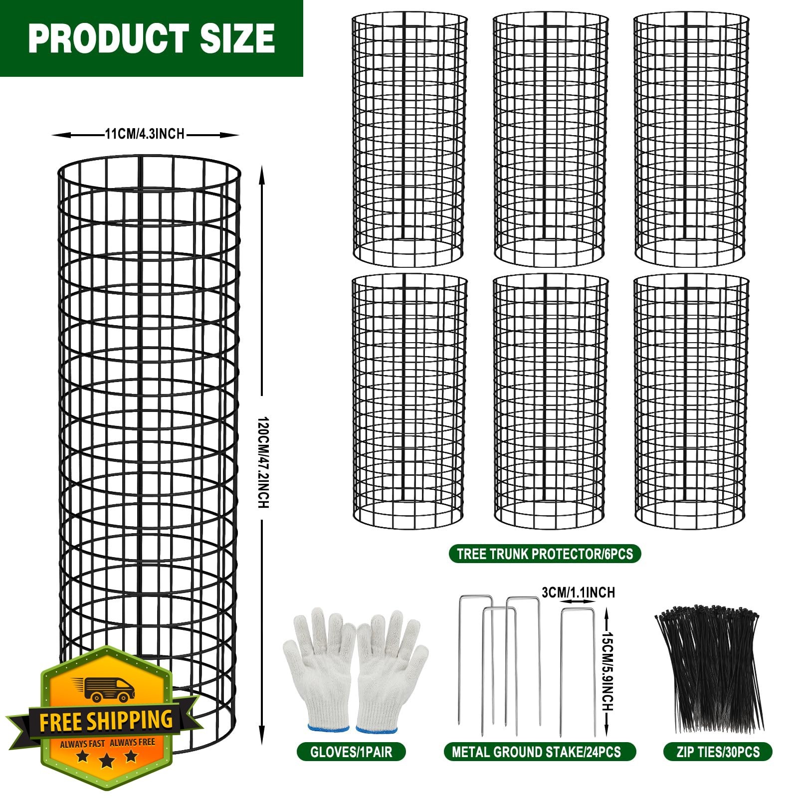 Metal Tree Trunk Protector Guard 48" Mesh Deer/Mower Guard 6Pcs + Ties/Gloves