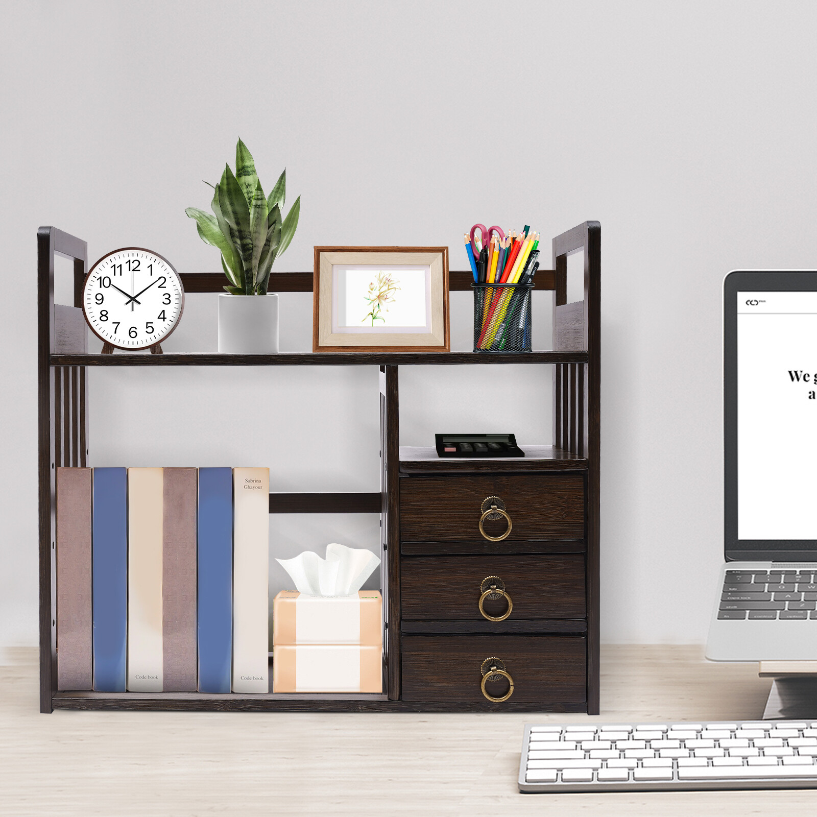 Desktop Bookshelf with Drawer, Bamboo Drawers,Tabletop Storage Container