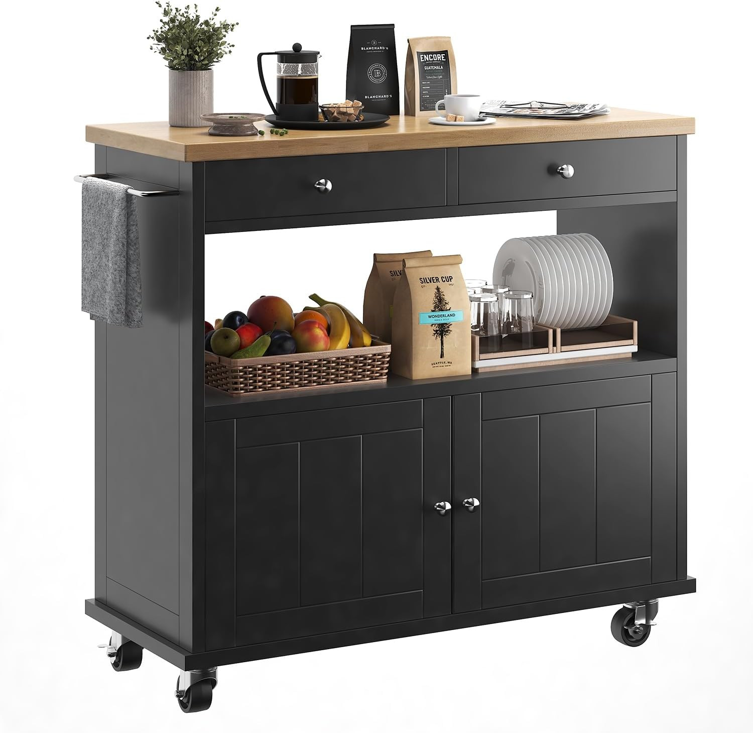 Portable Rolling Kitchen Island with Storage, 2 Drawers & Lockable Wheels