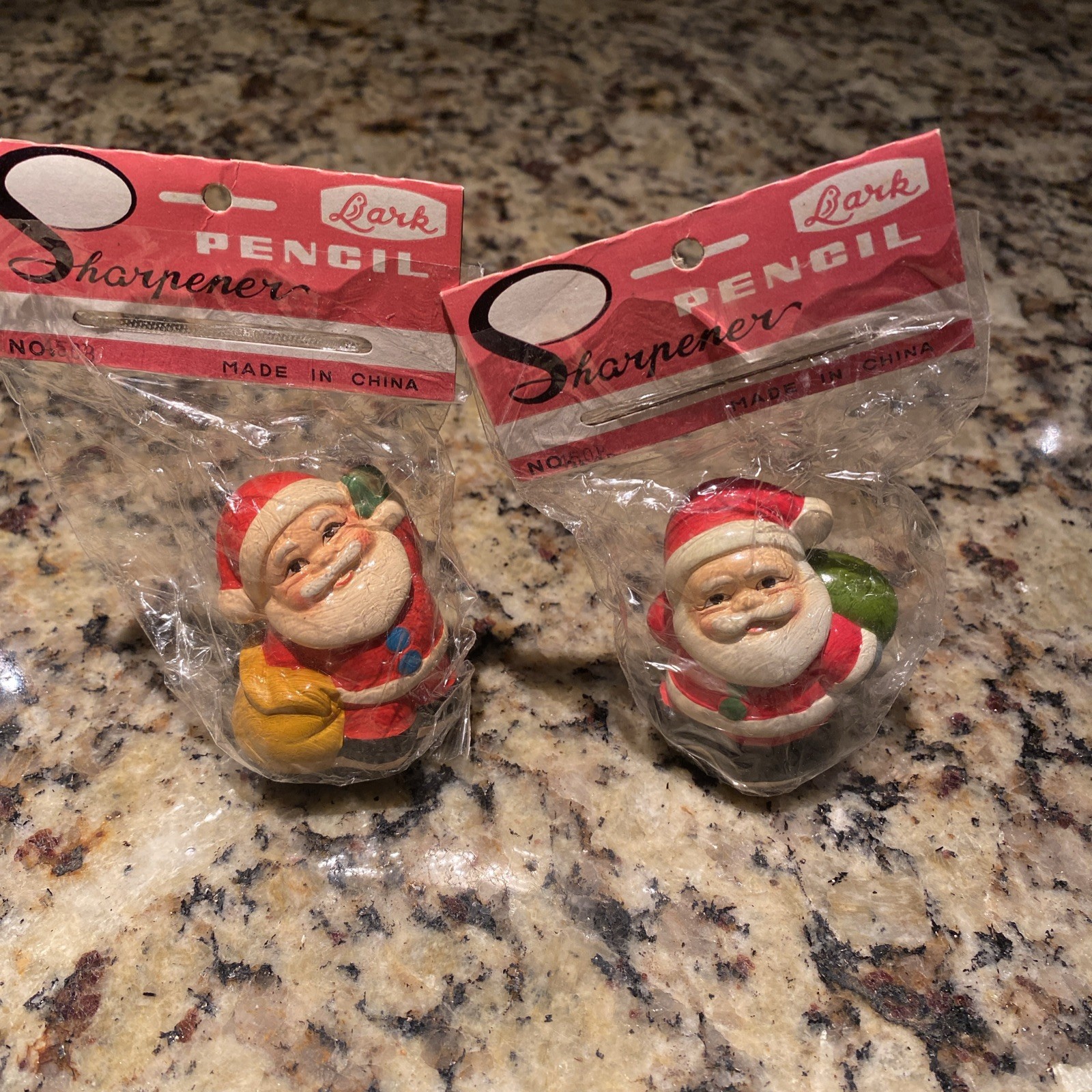 Set Of 2 Vintage Lark Santa Pencil Sharpeners from 1970’s in Original Packaging