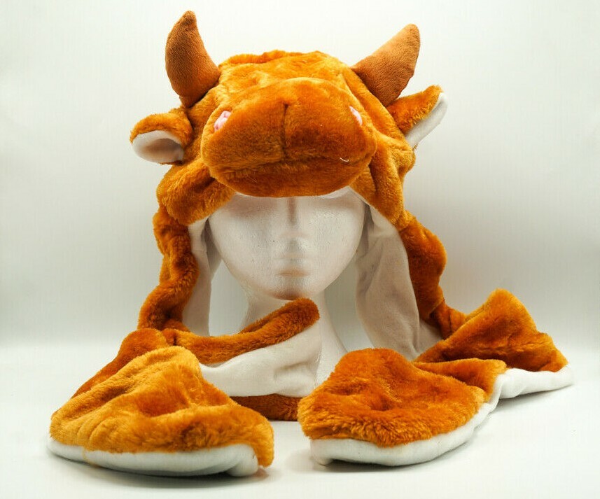 KIDS ANIMAL HAT COW BROWN USA SELLER WINTER PLUSH CARTOON 