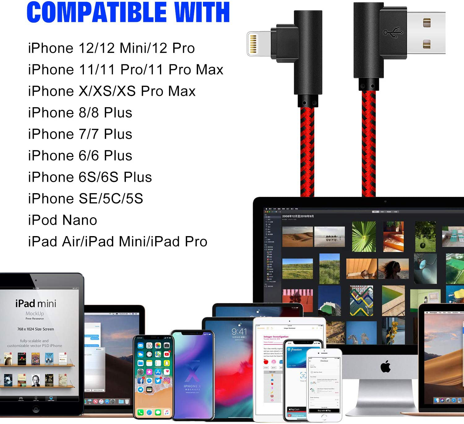 3-Pack 10FT 90 Degree IPhone Cable Fast Charger Cord Right Angle Nylon Braided