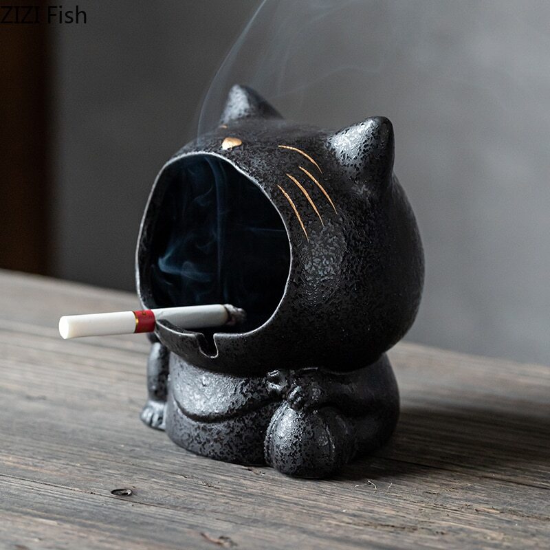 Cute Cartoon Cat Creative Art Ashtray Ceramic Household Living Room Large Capaci