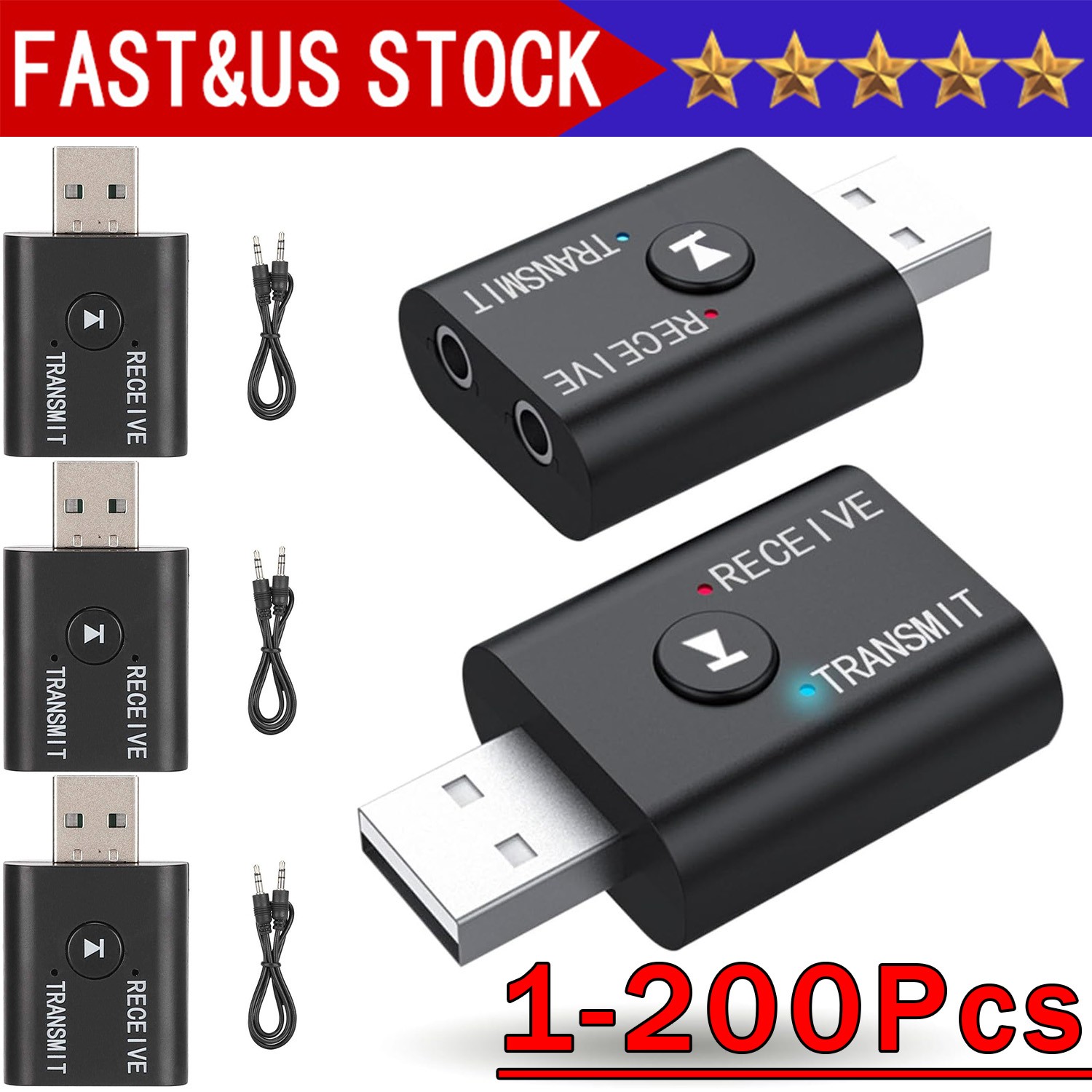 2IN1 3.5mm Bluetooth 5.0 Transmitter Receiver Car Wireless Audio Adapter USB Lot