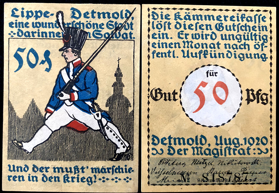 Authentic Historical Germany Detmold 50 Pfennig 1920 Banknote - 102 Years Old