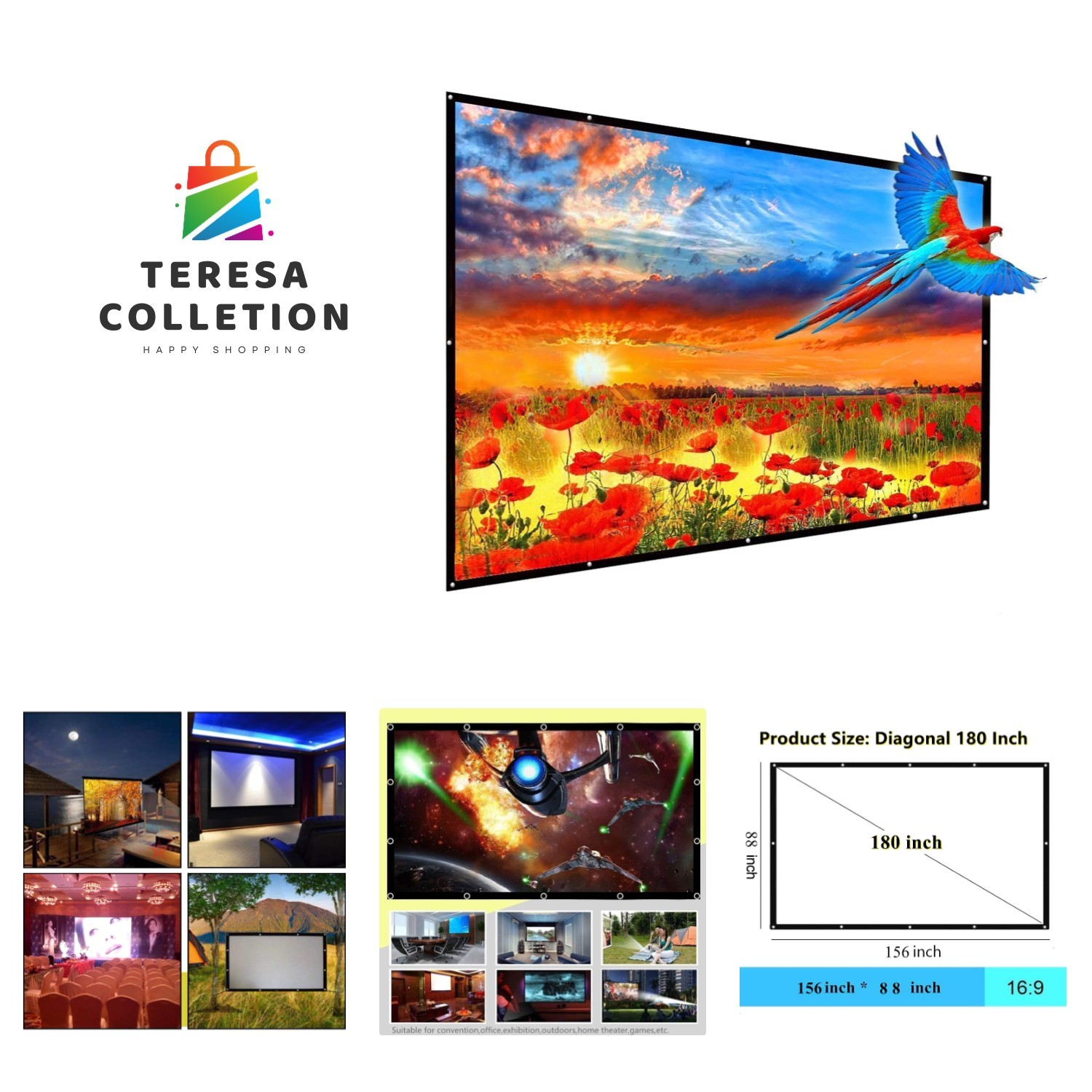 Portable Projector Screen, 16:9 HD Foldable Anti Crease Indoor Outdoor Movie ...