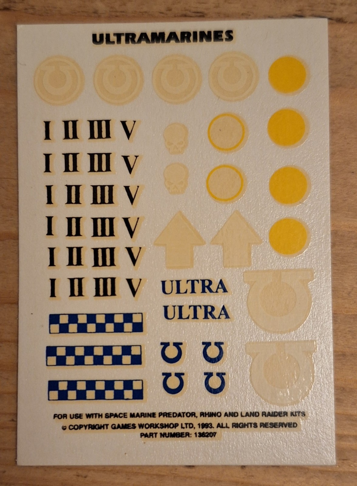 Warhammer 40k Space Marine Ultramarines Vehicle Tank Transfer Decal Sheet 1993