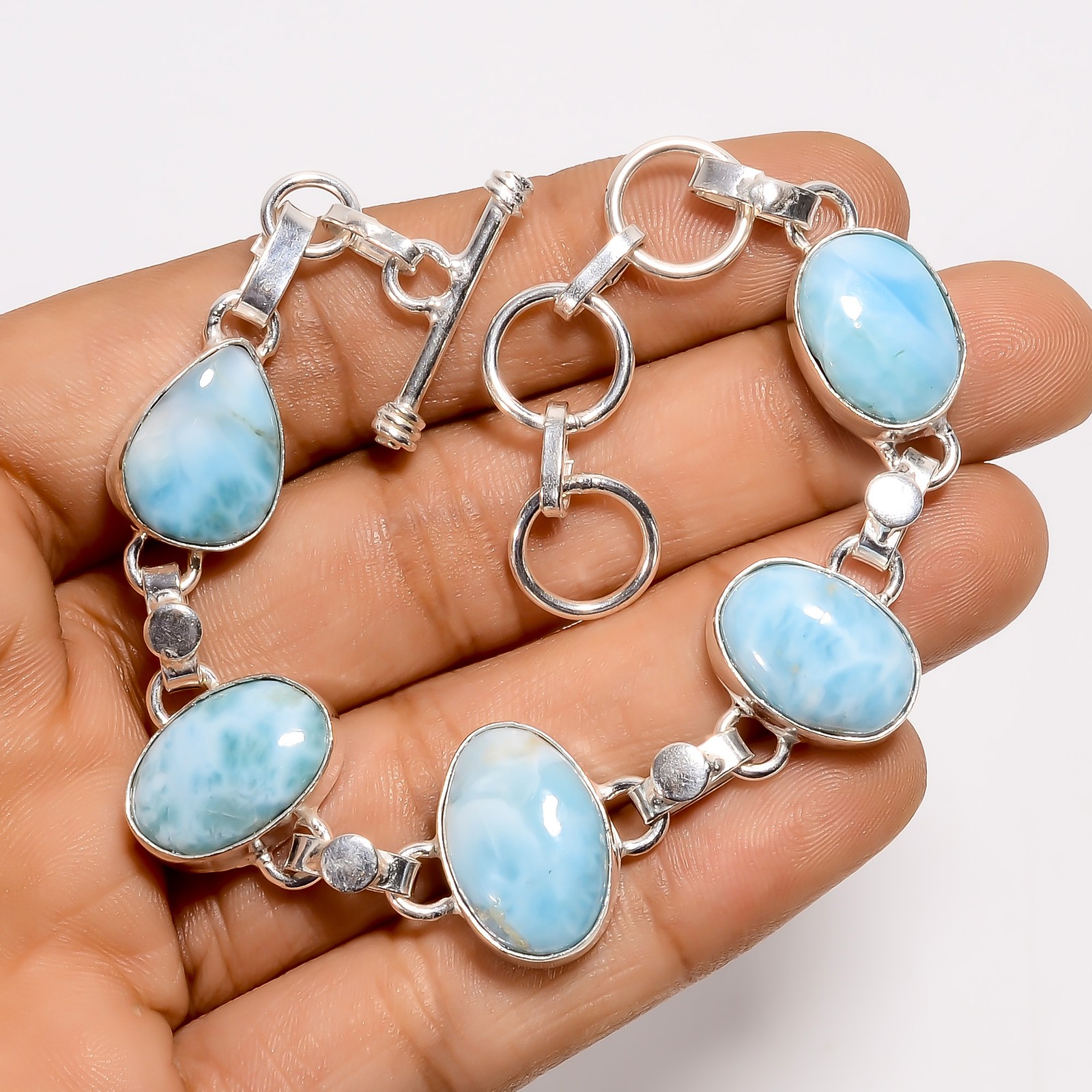 Natural Larimar Gemstone Fashion Jewelry 925 Silver Bracelet 6-8" ARB-1506