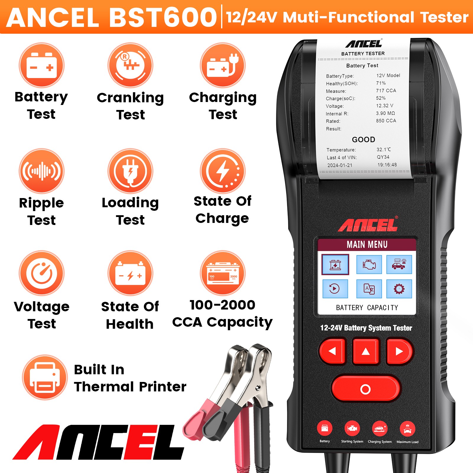 ANCEL BST600 Car Battery Tester with Printer - 12V/24V, 100-2000 CCA, Black