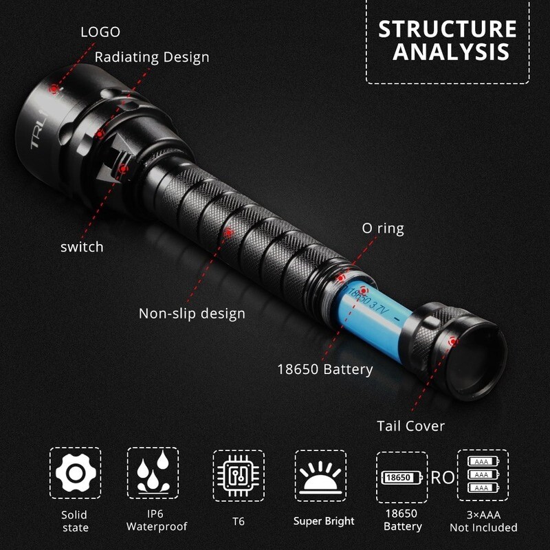 Professional LED Diving Flashlight Spearfishing Light Scuba Underwater Lantern