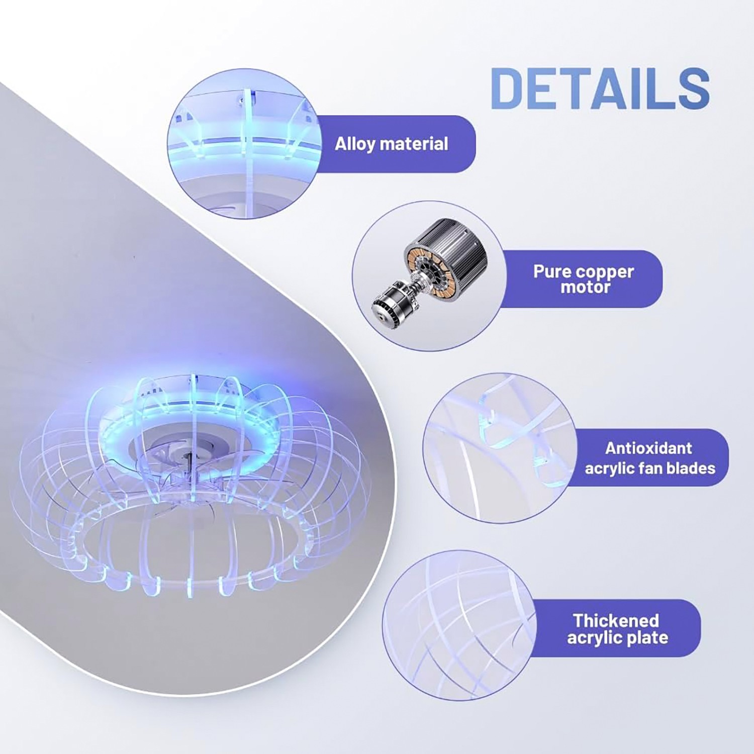 21" LED Ceiling Fan with RGB Light Flush Mount Bluetooth Speaker Remote Control